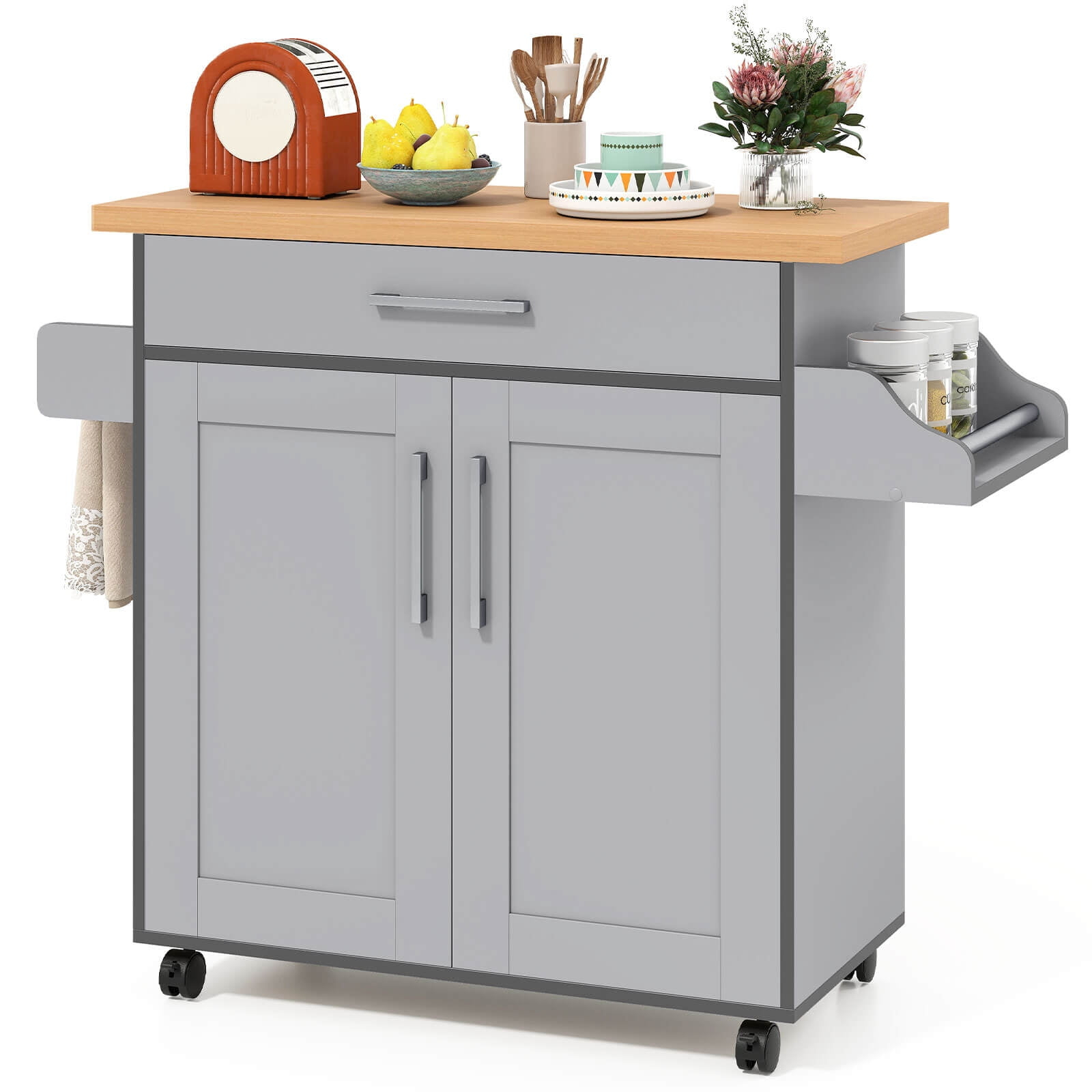 Costway Kitchen Island 44" Rolling Kitchen Cart with Drawer Adjustable Shelf Spice Rack Gray