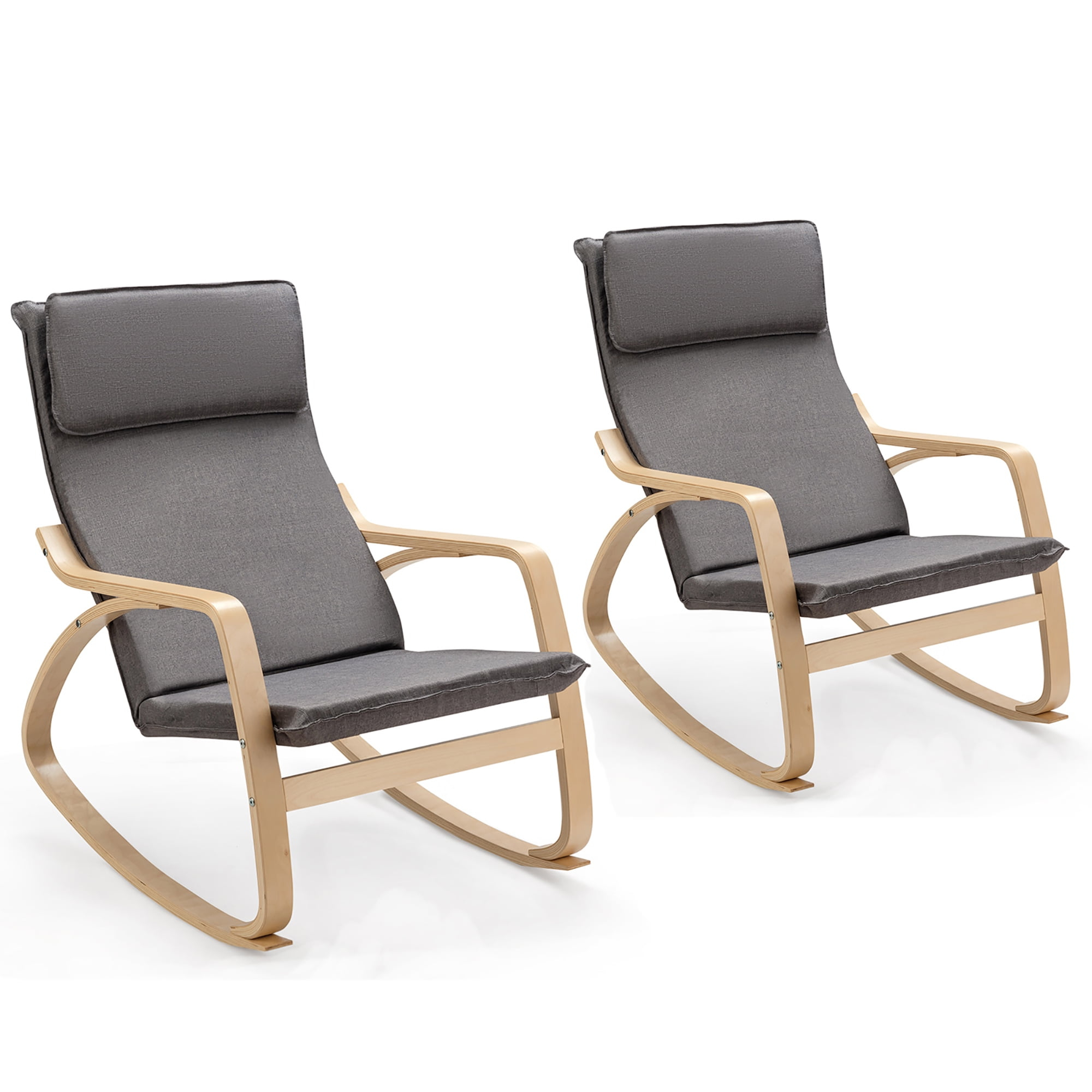 Costway Set of 2 Bentwood Rocking Chair Relax Rocker Lounge Chair w/Fabric Cushion Gray