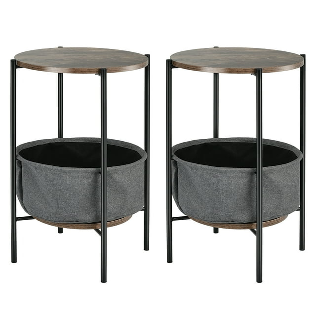 Costway Set of 2 Industrial Round End Side Table Sofa Coffee Table w/ Storage Basket