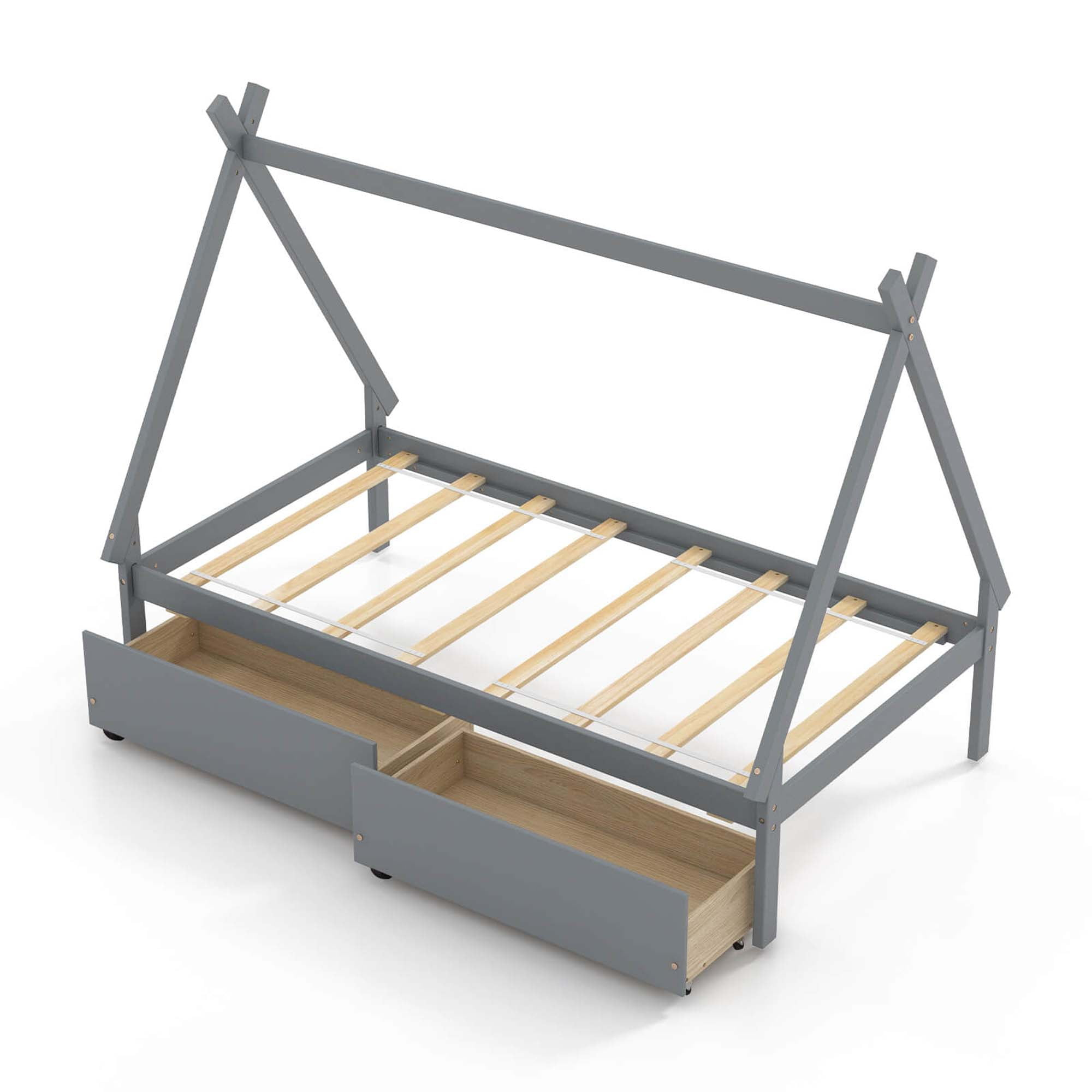 Topcobe Twin Size Wooden Tent Platform House Bed with 2 Drawers, Easy Assembly Strong Bearing Capacity-Gray