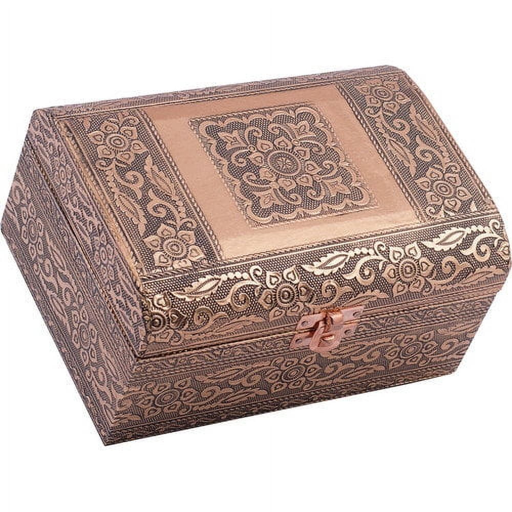 Cottage Garden Moroccan Copper Tone Metal Stamped Round Top Trunk Keepsake Box