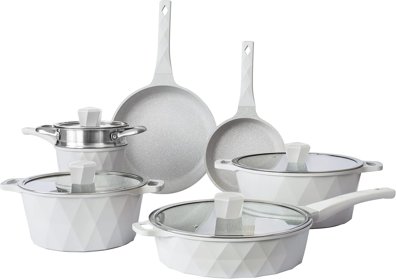 Country Kitchen 11-Pc Cast Aluminum Cookware Set Non Stick Pots and Pan Set, Cream Diamond