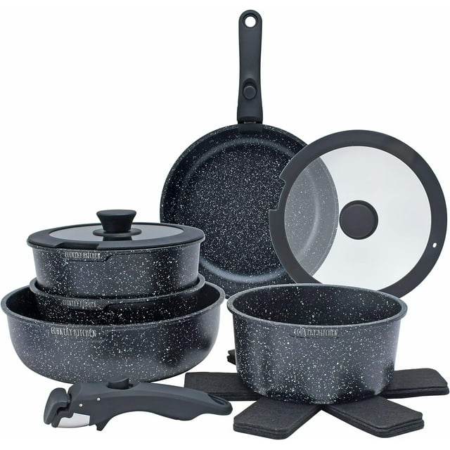 Country Kitchen 13-Pc Pots and Pans Set with Removable Handles Nonstick Cookware Set, Black