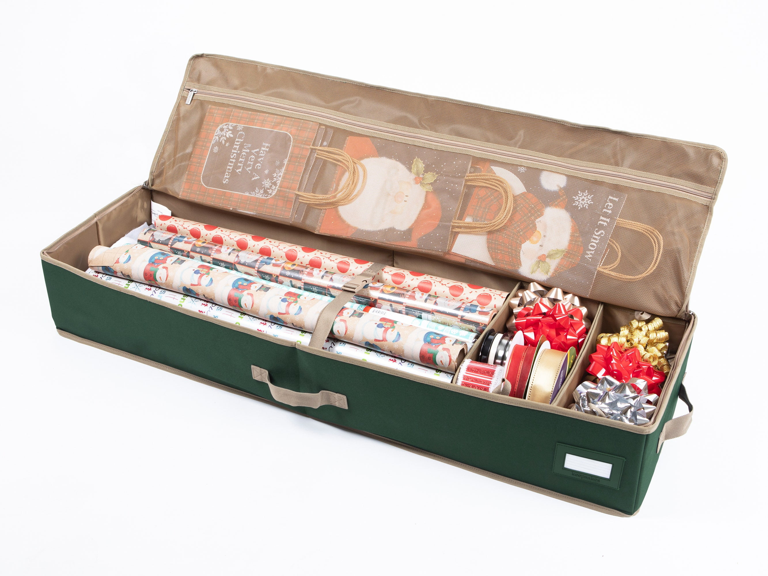 Covermates Keepsakes Gift Wrap Organizer - Holds up to 25 Rolls - Heavy Duty - Accessory Trays with Adjustable Compartments - Mesh Pocket - Holiday Storage, Green