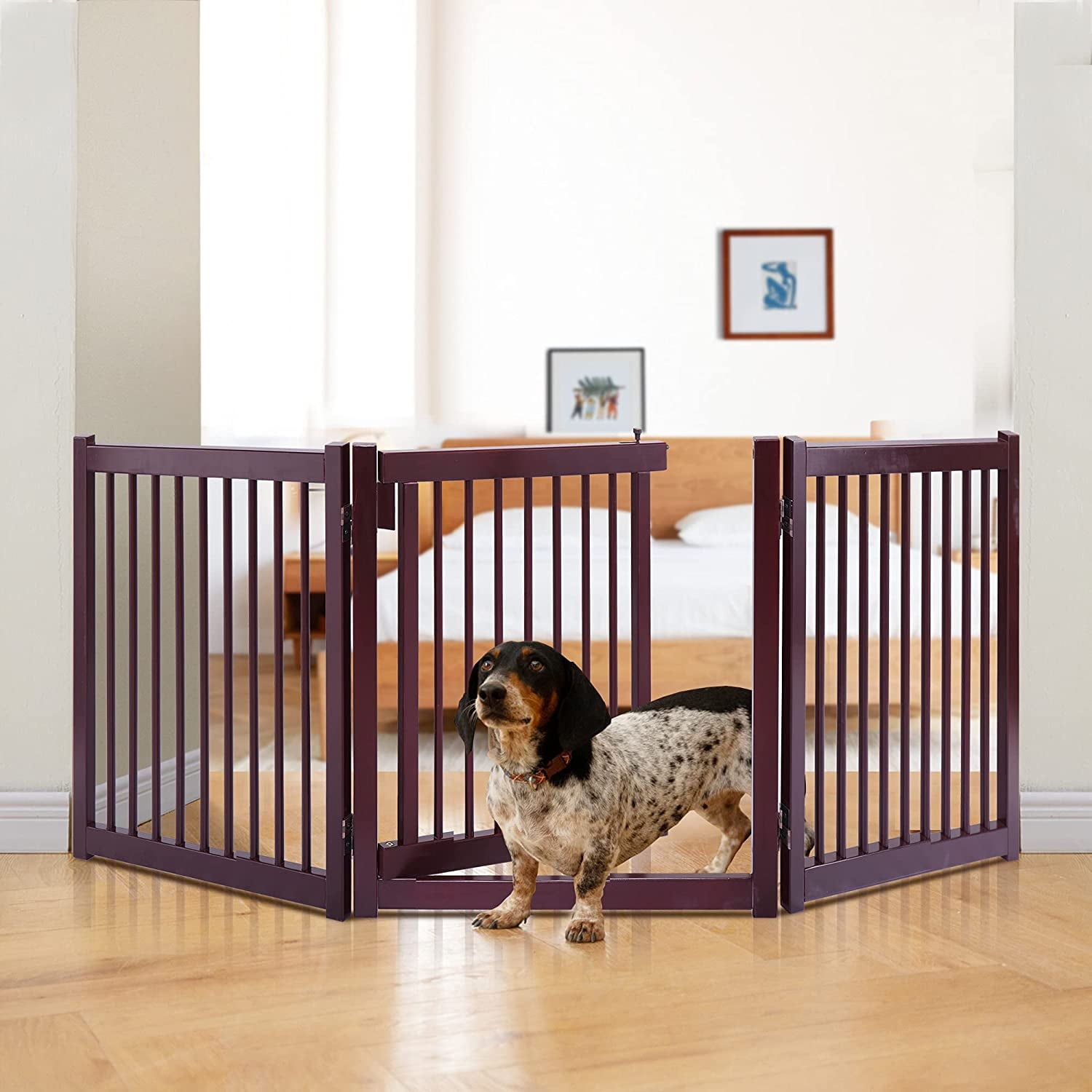 Demi Bonn 24"H 3 Panel Freestanding Pet Gate Wood Folding Dog Fence for Doorways, Stairs Step Over Divider for Dogs and Puppies, Brown