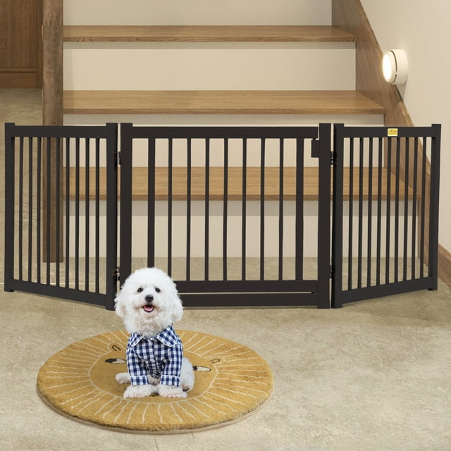 Demi Bonn 24"H 3 Panel Freestanding Pet Gate Wood Folding Dog Fence for Doorways, Stairs Step Over Divider for Dogs and Puppies, Brown