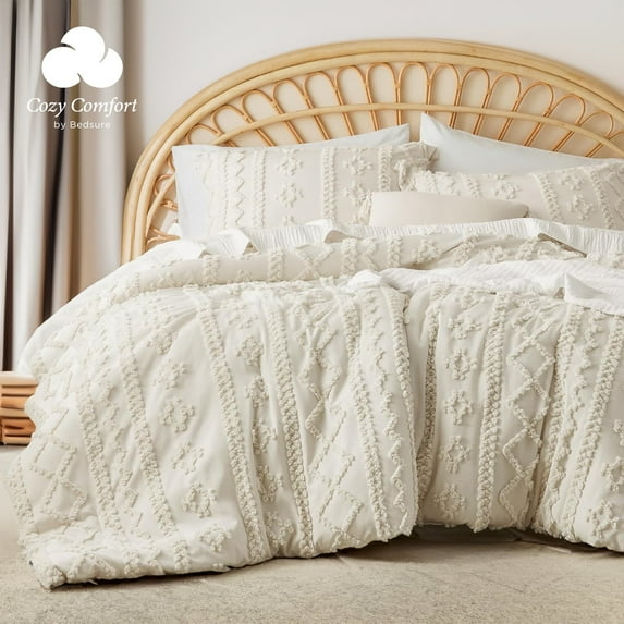 Cozy Comfort Tufted Boho Comforter Set Full, Beige, 3 Pieces Farmhouse Shabby Chic Embroidery Bed Set, Soft Jacquard Comforter for All Seasons