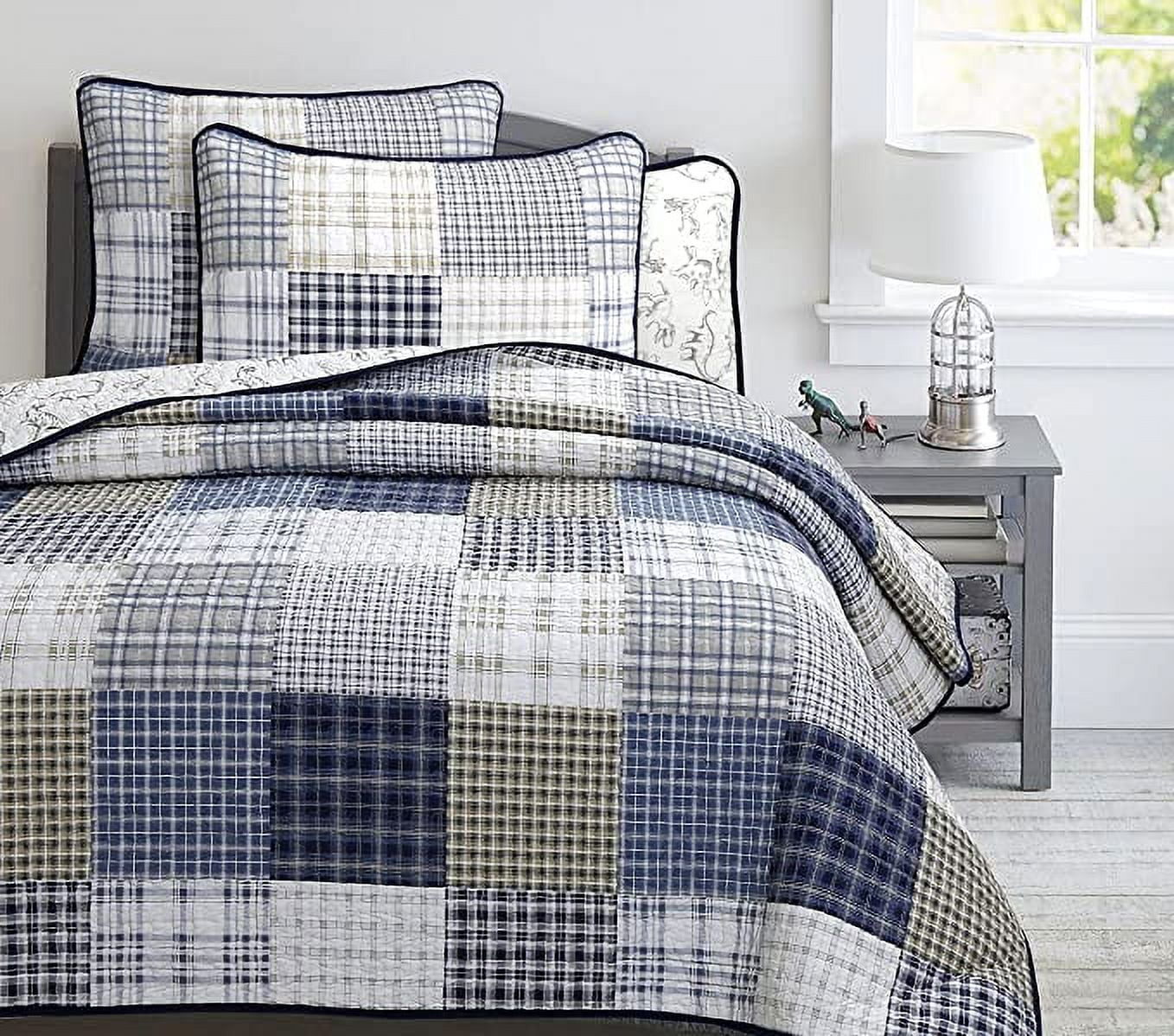 Cozy Line Benjamin Cute Dinosaur Navy Blue White Grey Plaid cotton Quilt, Twin - Reversible