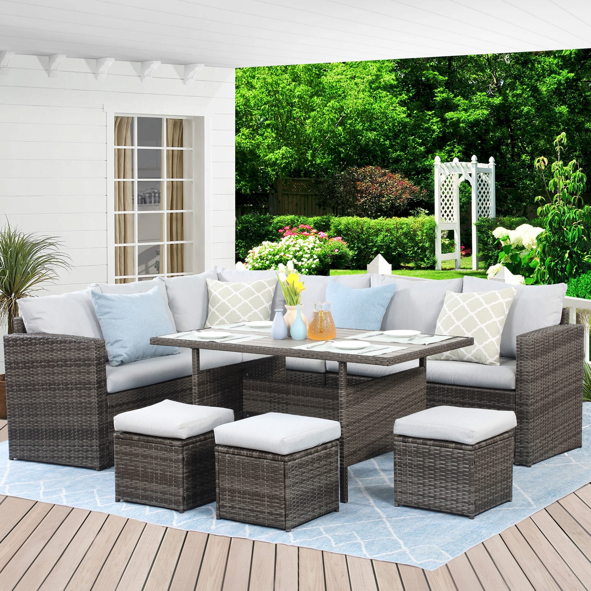 CozyHom 7 Pcs Outdoor Patio Sectional Dining Table Furniture Sofa Sets All Weather PE Wicker Rattan Conversation Set With Ottoman and Cushions, Gray