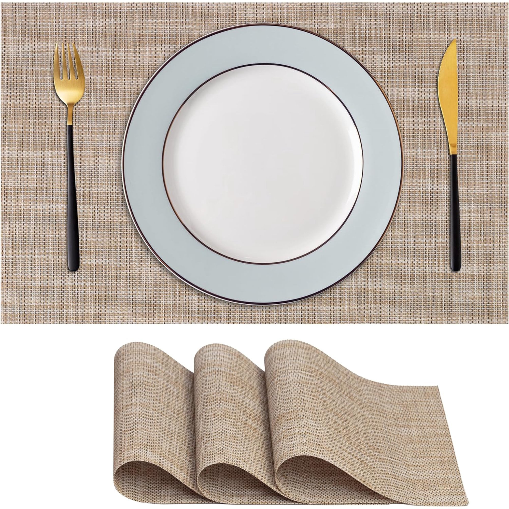 CraftyCrocodile Placemats Set of 4 - Classic Vinyl Dining Table Place Mats 12 x 18 Inch Caramel
