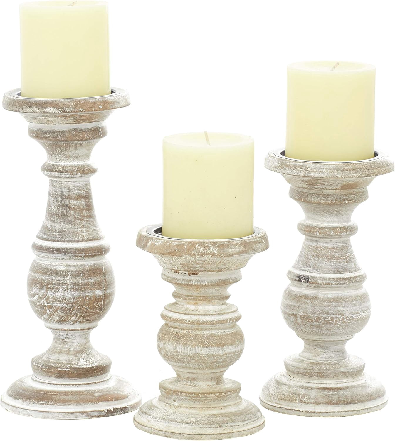 DecMode Traditional and Timeless Mango Wood Pillar Candle Holder Set of 3, 6", 8", 10"H, Cream Finish