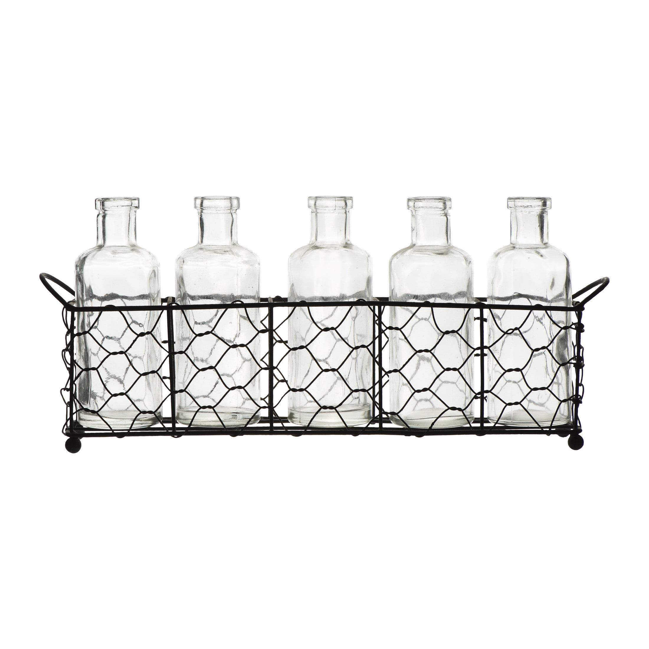 Creative Co-Op 5 Glass Vase Bottles on a Rectangle Metal Holder with Handles, Clear and Black, Set of 6