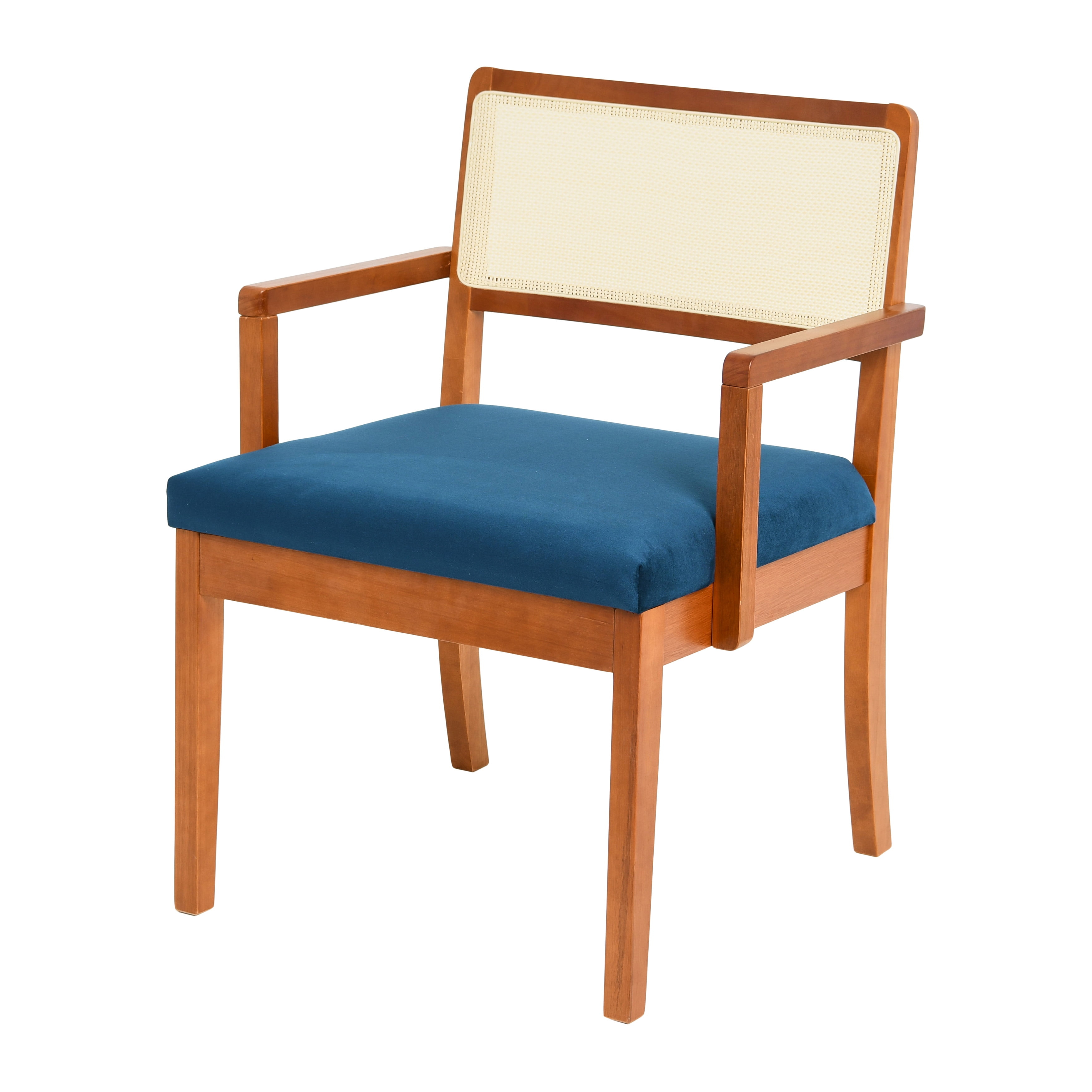 Creative Co-Op Crawford Mid-Century Modern Eucalyptus Wood Arm Chair W/ Cane Back and Velvet Upholstered Seat Cushion,Dark Blue