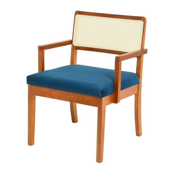 Creative Co-Op Crawford Mid-Century Modern Eucalyptus Wood Arm Chair W/ Cane Back and Velvet Upholstered Seat Cushion,Dark Blue