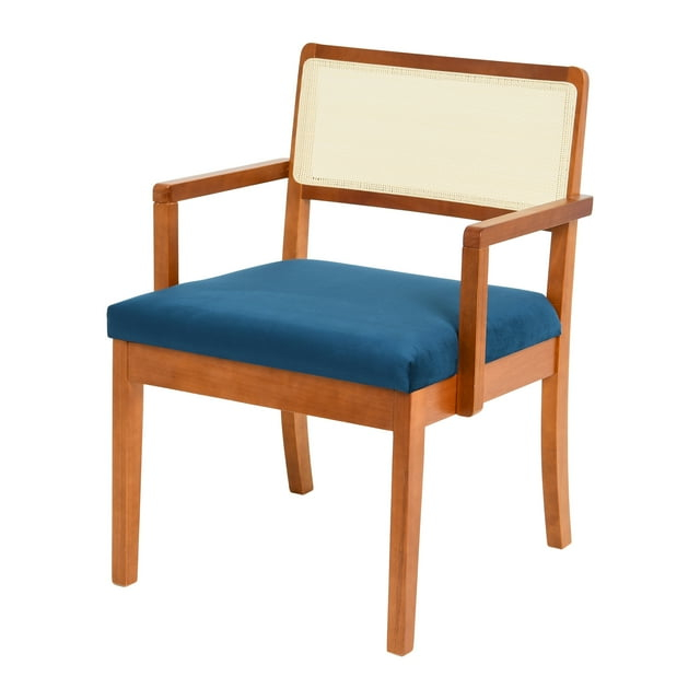 Creative Co-Op Crawford Mid-Century Modern Eucalyptus Wood Arm Chair W/ Cane Back and Velvet Upholstered Seat Cushion,Dark Blue
