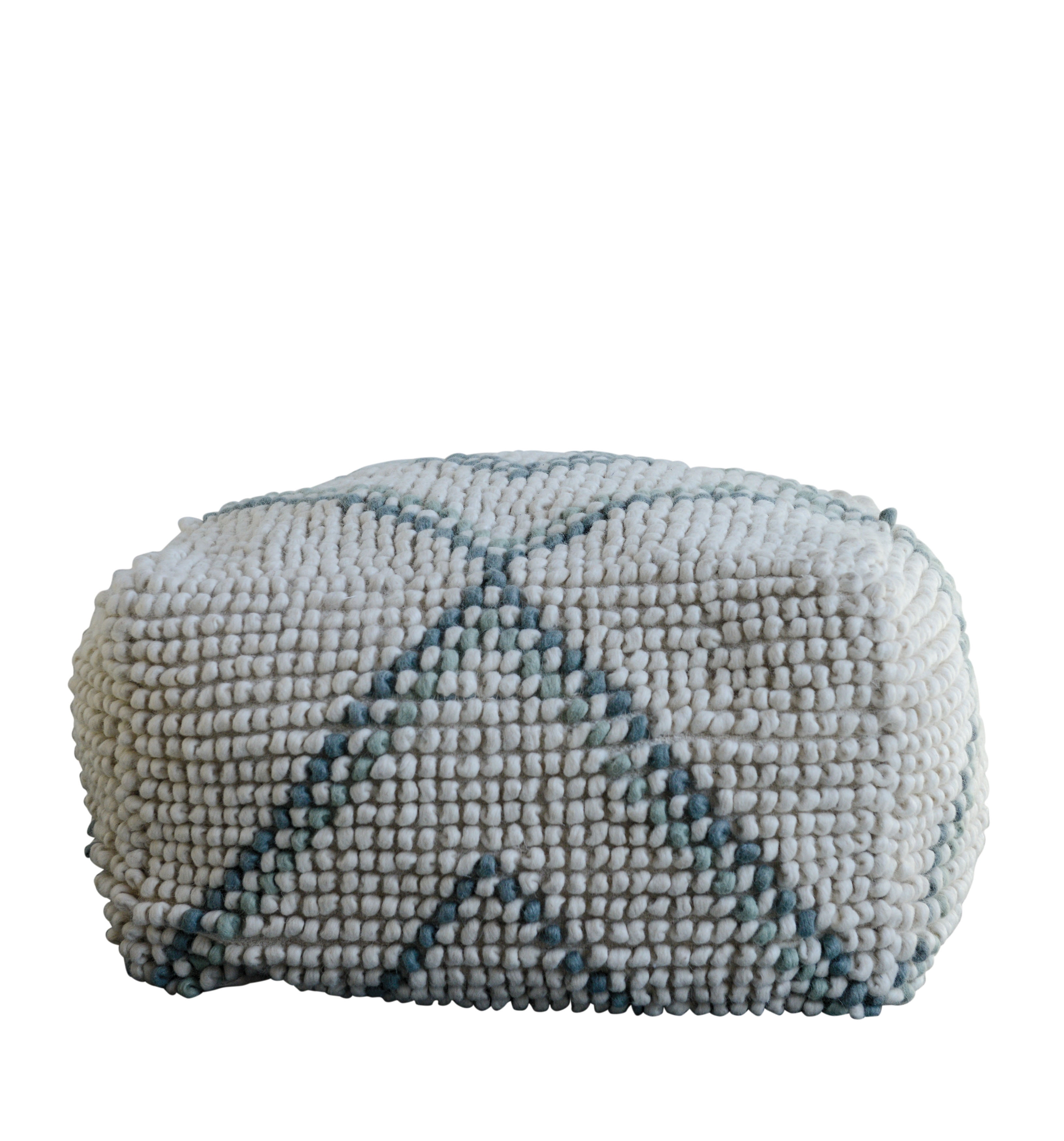 Creative Co-Op Cream New Zealand Pouf with Blue & Green Accents