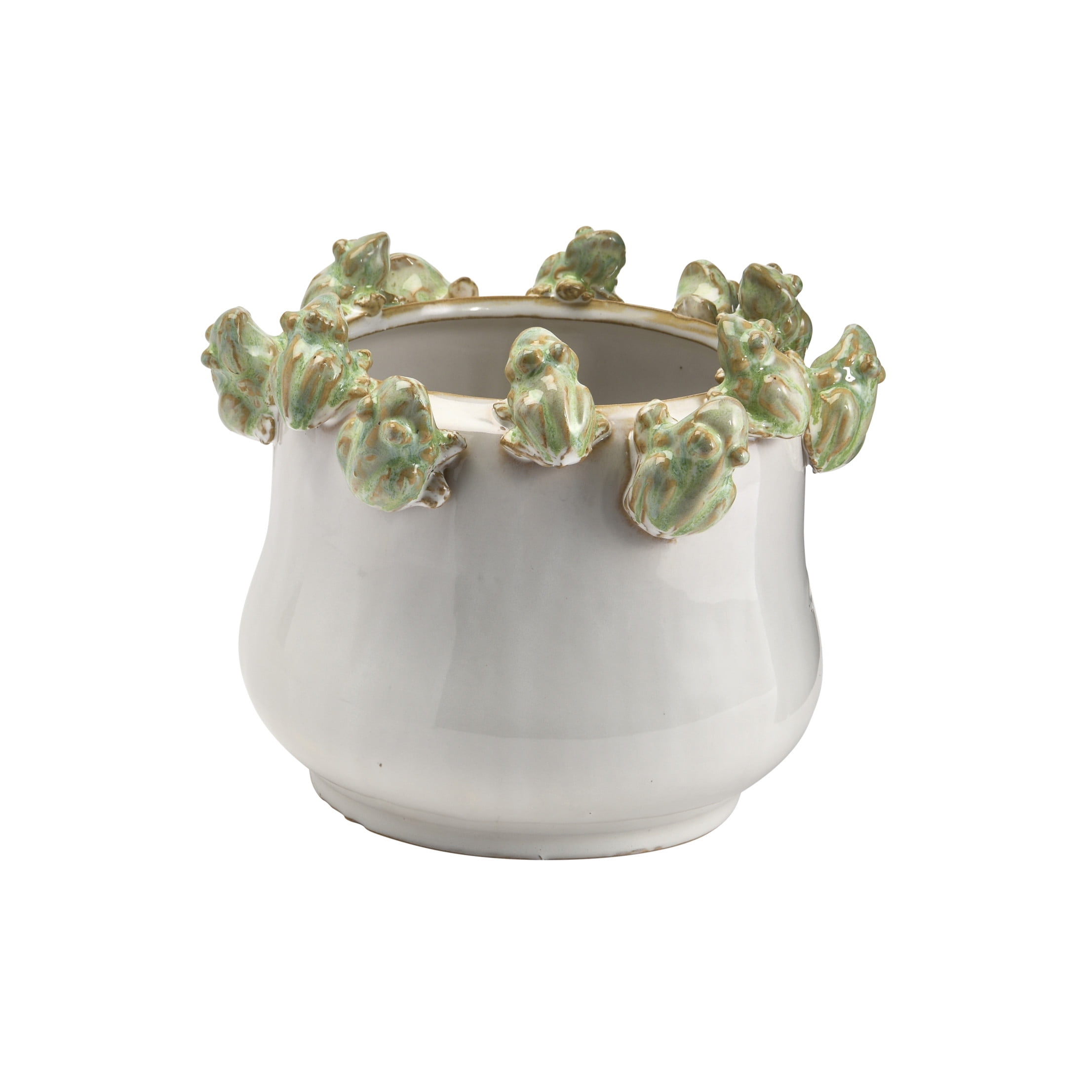 Creative Co-Op Decorative Stoneware Planter with Frog Figurine Rim, White and Green