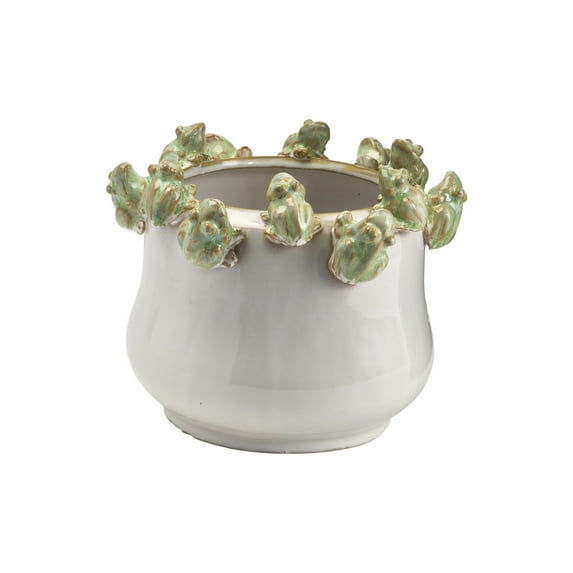 Creative Co-Op Decorative Stoneware Planter with Frog Figurine Rim, White and Green