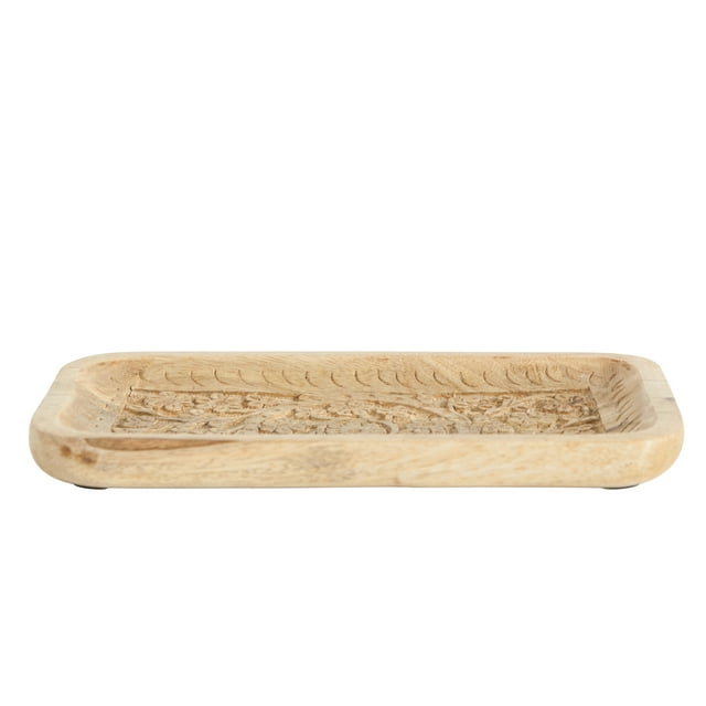Creative Co-Op Handcarved Mango Wood Tray with Intricate Floral Designs