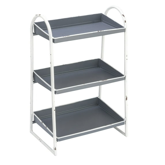 Creative Co-Op Heavily Distressed Grey 3-Tier Metal Tray with White Frame & Rim