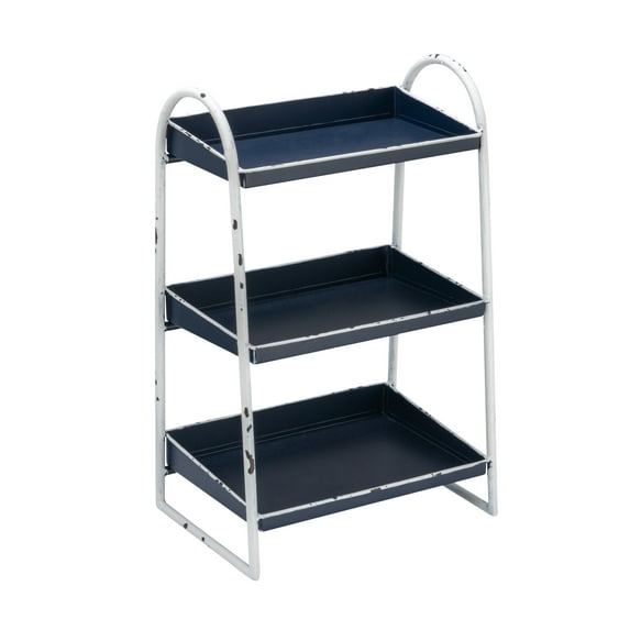 Creative Co-Op Heavily Distressed Navy 3-Tier Metal Tray with White Frame & Rim