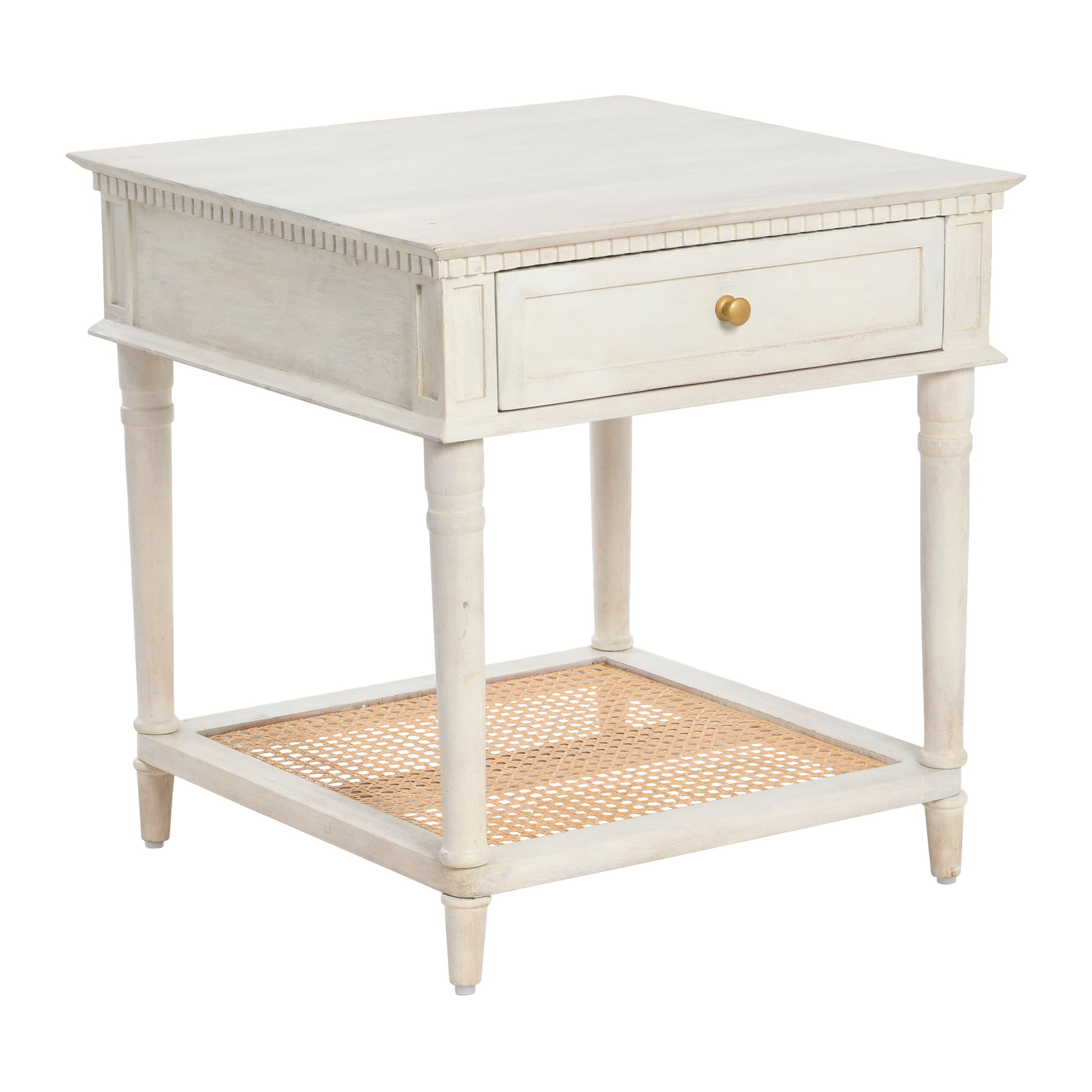 Creative Co-Op Maxwelton Solid Wood End Table with Drawer and Woven Cane Storage Shelf, Distressed White and Natural