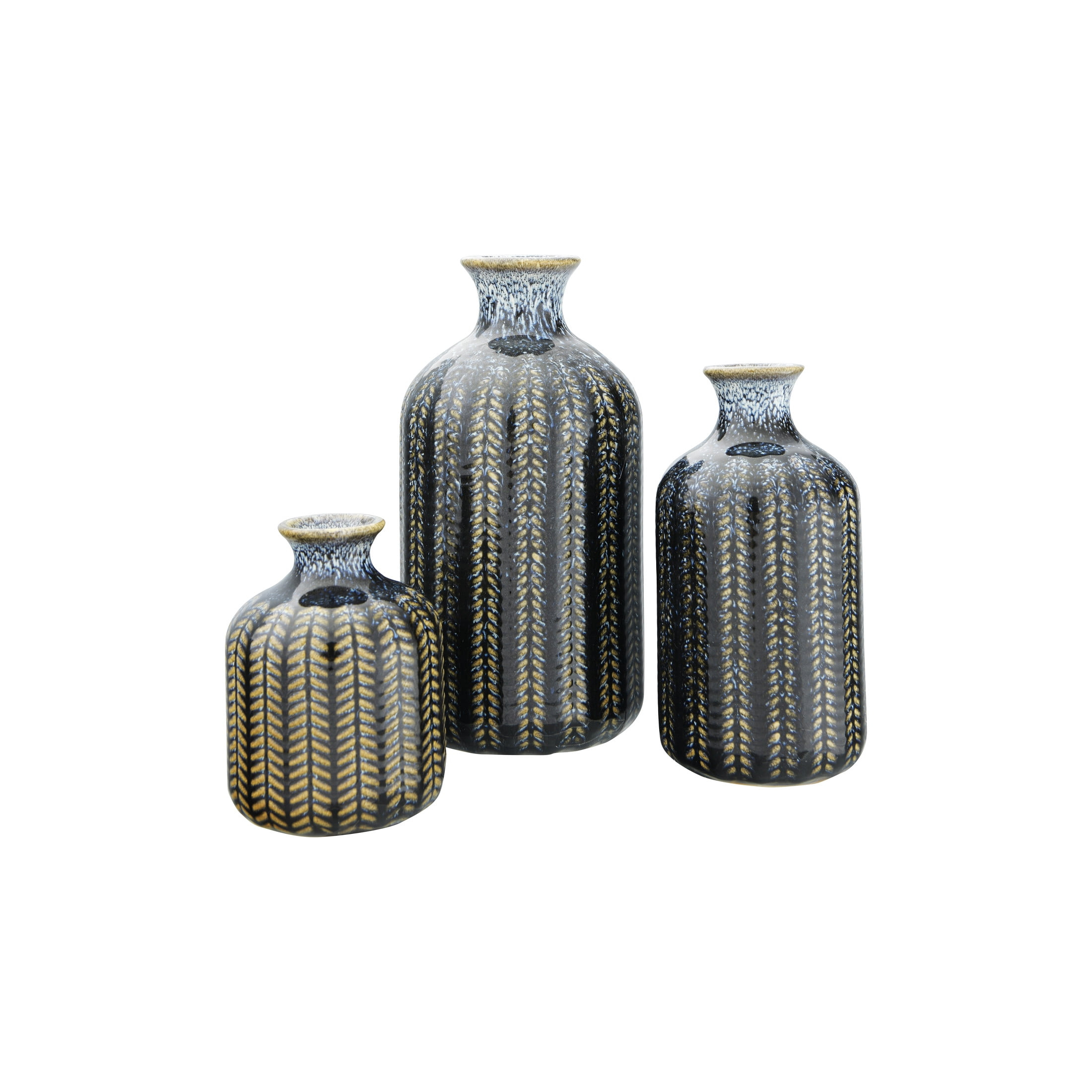 Creative Co-Op Round Embossed Stoneware Vase with Vertical Lines and Reactive Glaze Finish, Blue, Set of 3