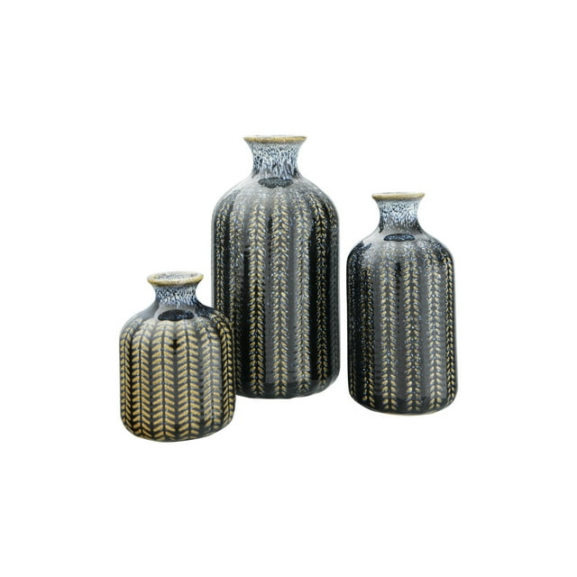 Creative Co-Op Round Embossed Stoneware Vase with Vertical Lines and Reactive Glaze Finish, Blue, Set of 3