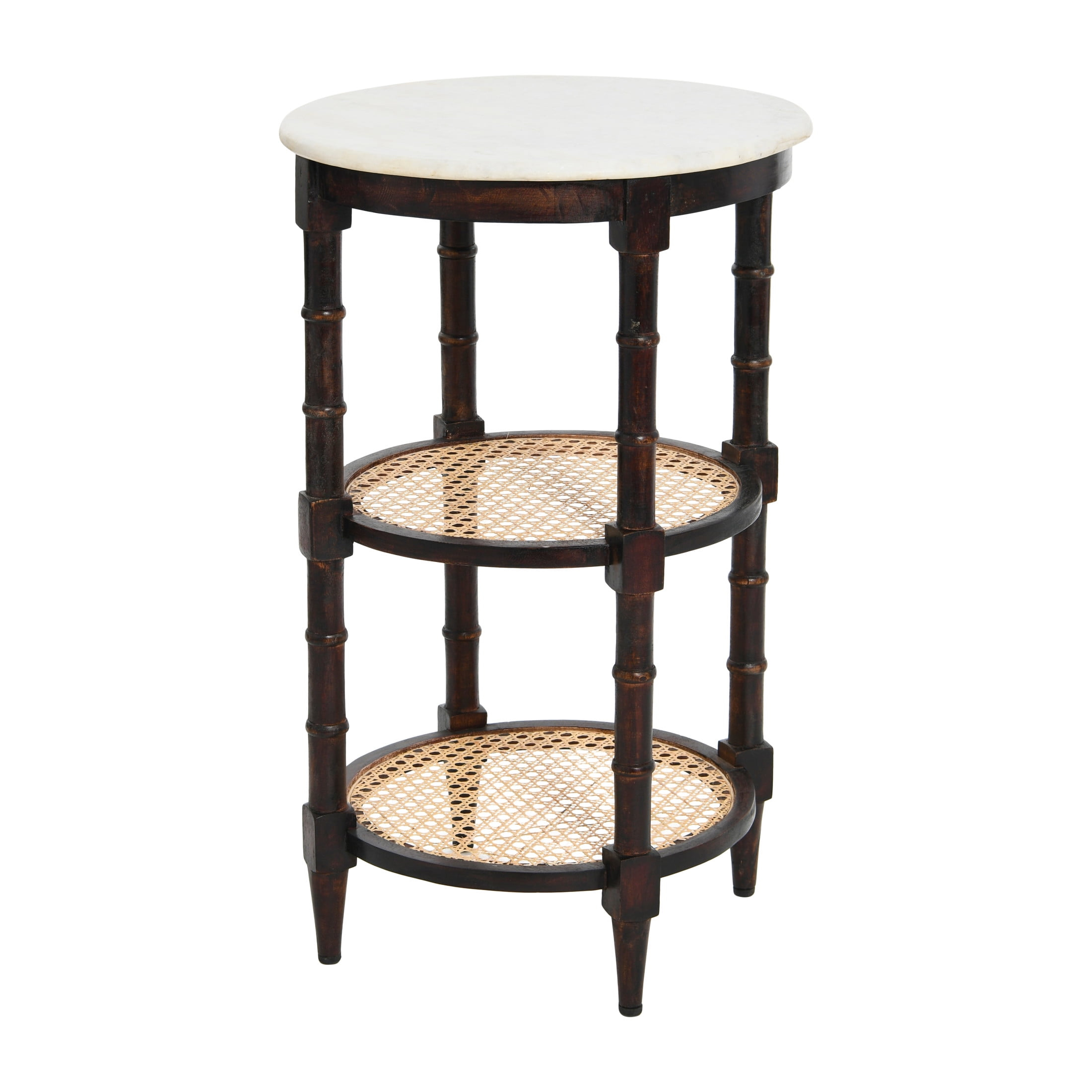 Creative Co-Op Round Solid Wood End Table with Genuine Marble Top and 2 Woven Cane Storage Shelves, Brown Stain and Natural
