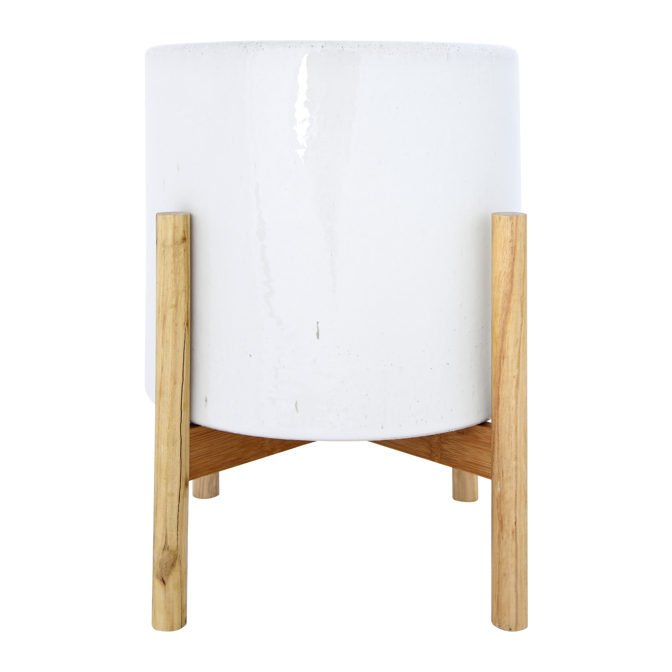 Creative Co-Op Round Stoneware Planter on Wood Holder (Set of 2 Pieces/Holds 10" Pot)