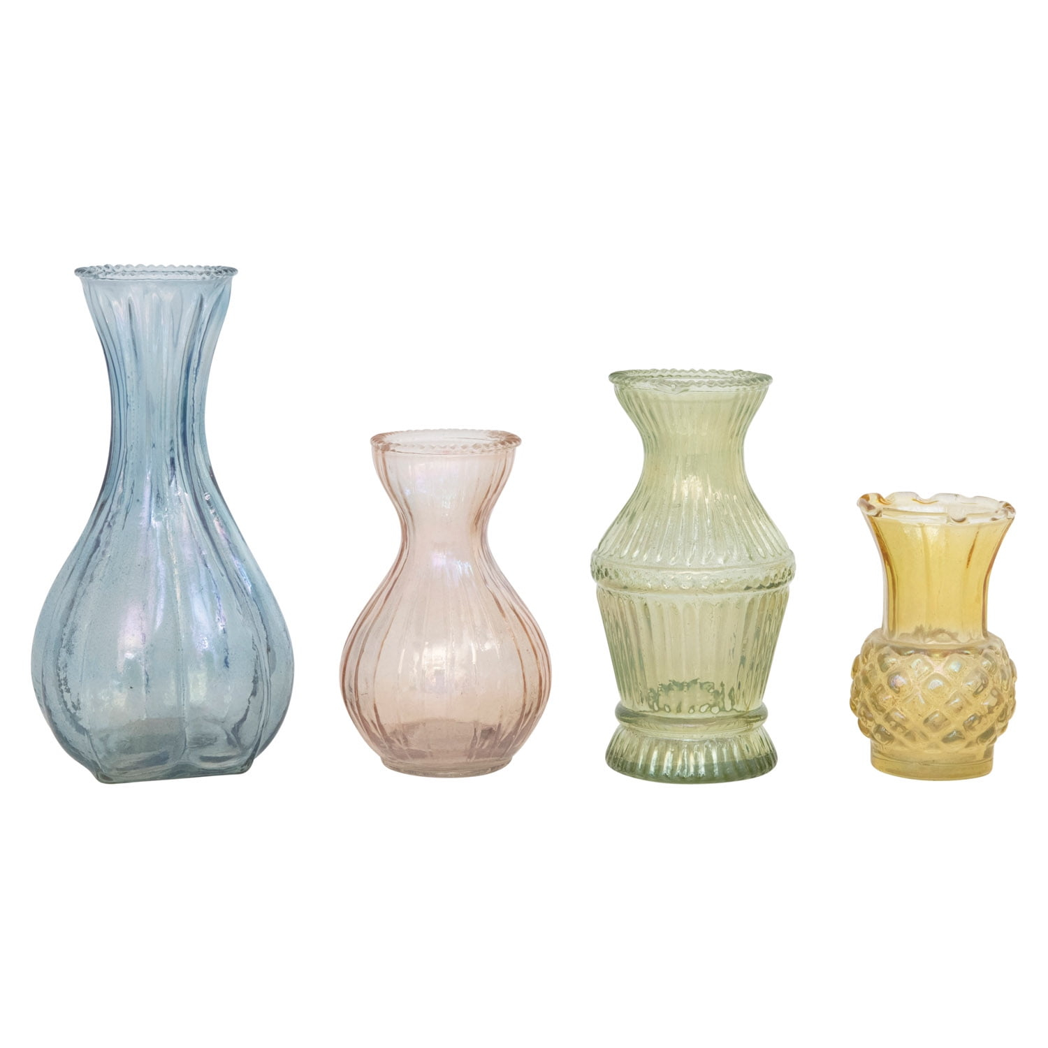 Creative Co-Op Various Decorative Debossed Glass Vases, Multicolor, Set of 4