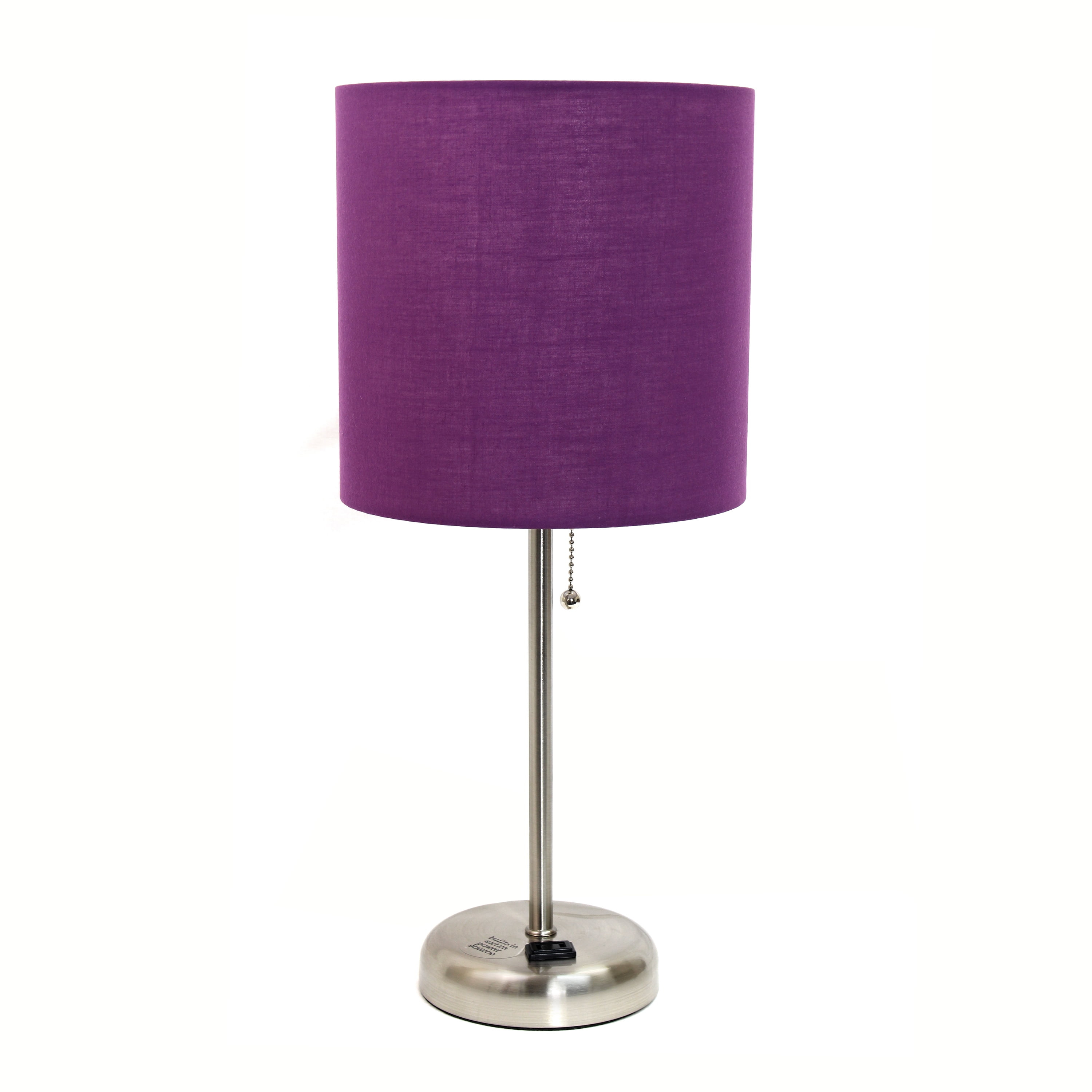 Creekwood Home Oslo 19.5" Contemporary Bedside Power Outlet Base Standard Metal Table Desk Lamp in Brushed Steel with Purple Drum Fabric Shade for Home Décor, Bedroom, End Table, Living Room, Dorm