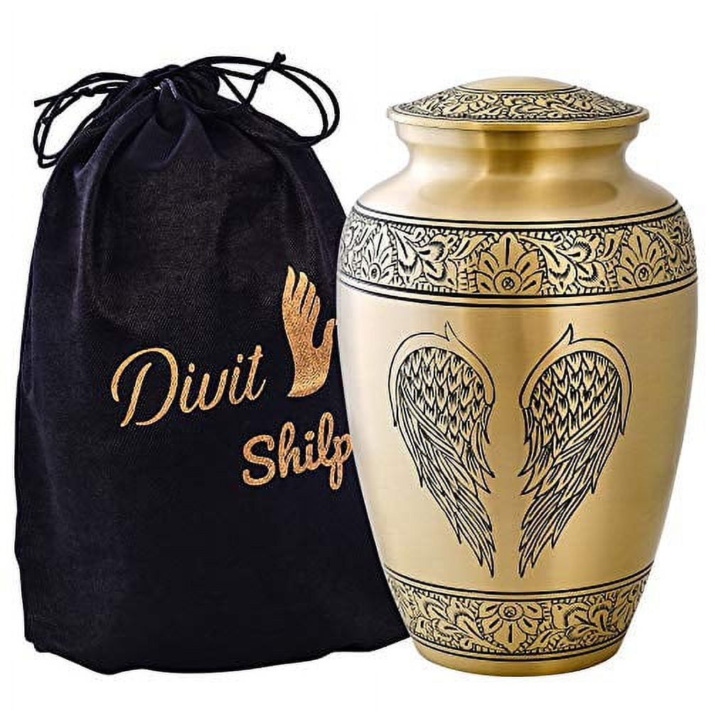 Cremation Urn for Human Ashes with Satin Bag, for Adults up to 200 lbs | Large Handcrafted Funeral Urns by Divit Shilp (Golden Angel Wings, Adult)