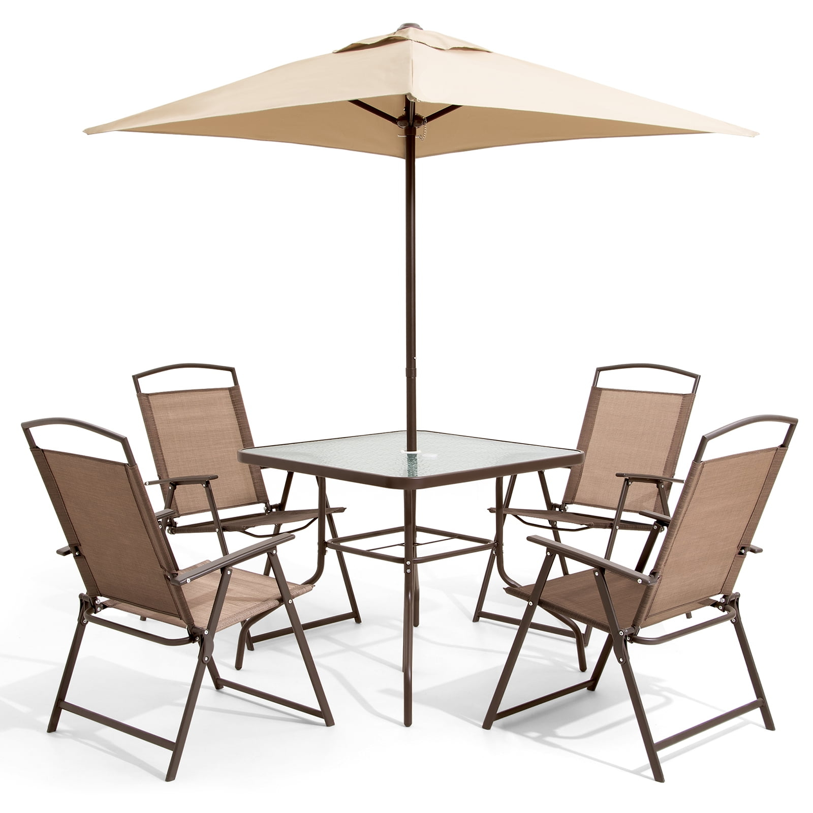 Crestlive Products 6 PCS Patio Dining Set,4 Folding Chairs, Square Tempered Glass Table and Umbrella Set, Brown