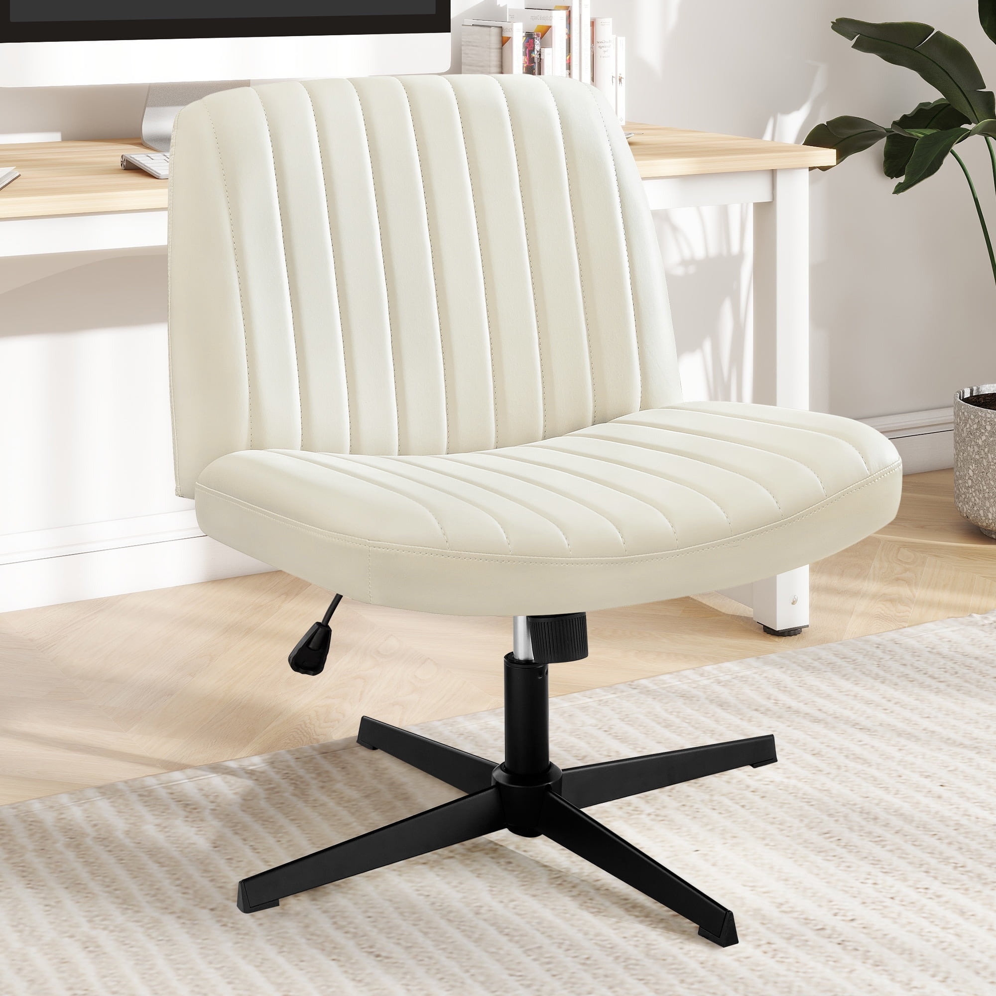Criss Cross Chair, Cross Legged Office Chair, Wide Comfort Desk Chair, No Wheels Armless Computer Task Chair, Swivel Leather Vanity Home Chair, Height Adjustable