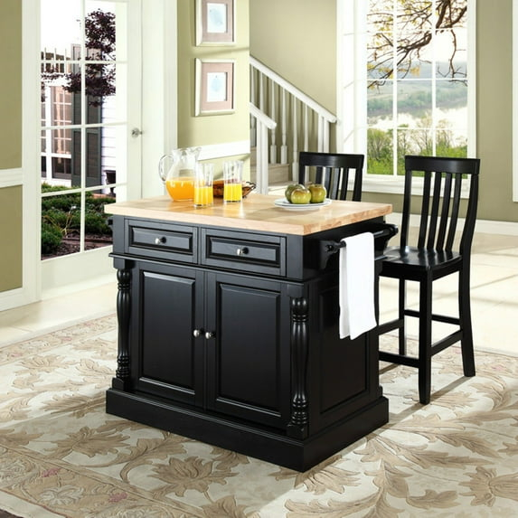 Crosley Butcher Block Top Kitchen Island In Black Finish With 24" Black School House Stools
