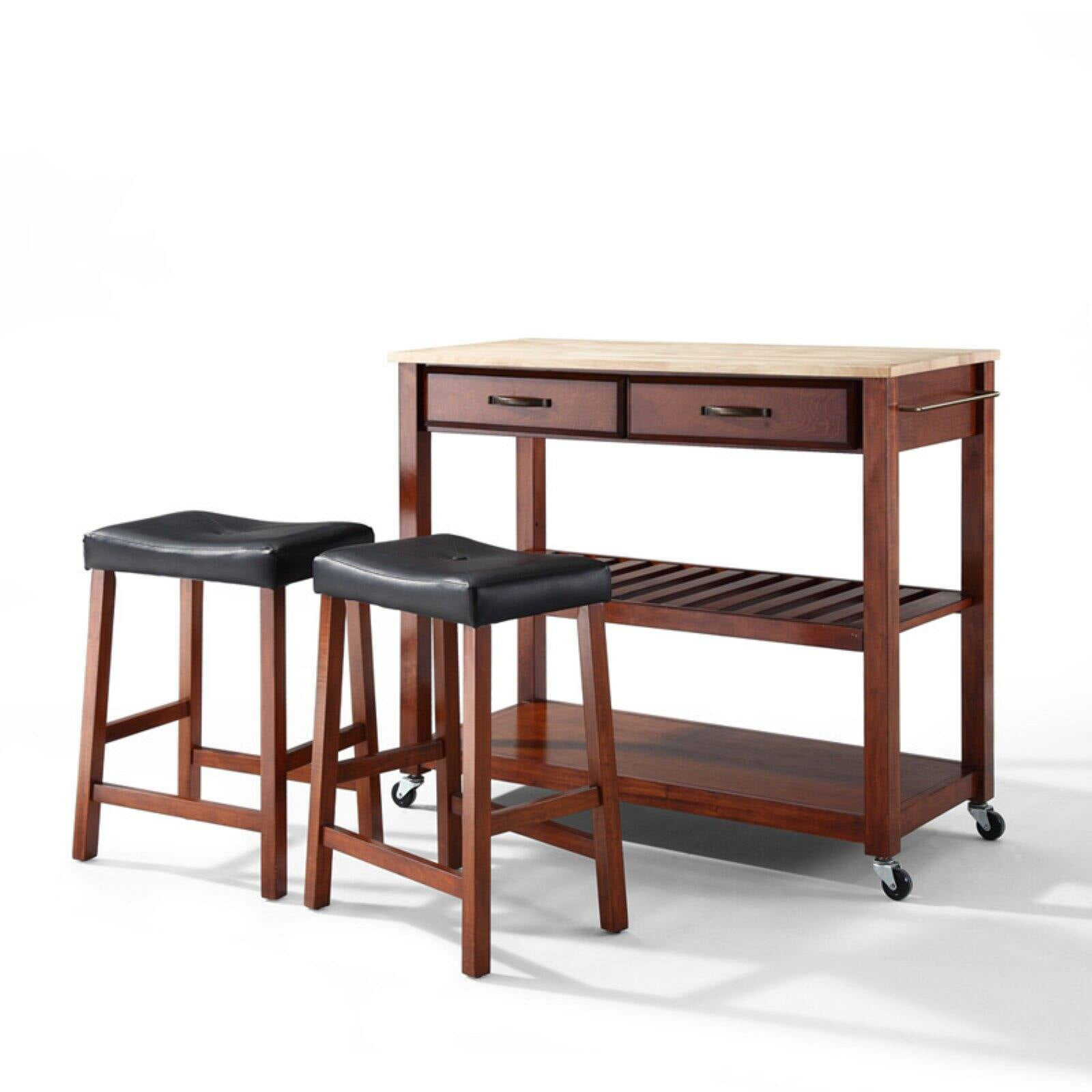 Stainless Steel Top Kitchen Prep Cart with 2 Upholstered Saddle Stools Cherry - Crosley