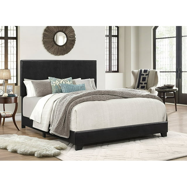 Sleek Modern Queen Platform Bed with Padded Headboard in Black Faux Leather