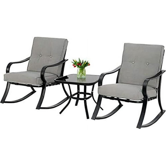 Crownland Outdoor Rocking Chairs Patio Furniture 3 Piece Patio Set Bistro Table Set Black Iron with Thickened Cushions and Glass Coffee Table, Grey