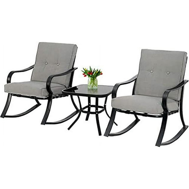 Crownland Outdoor Rocking Chairs Patio Furniture 3 Piece Patio Set Bistro Table Set Black Iron with Thickened Cushions and Glass Coffee Table, Grey