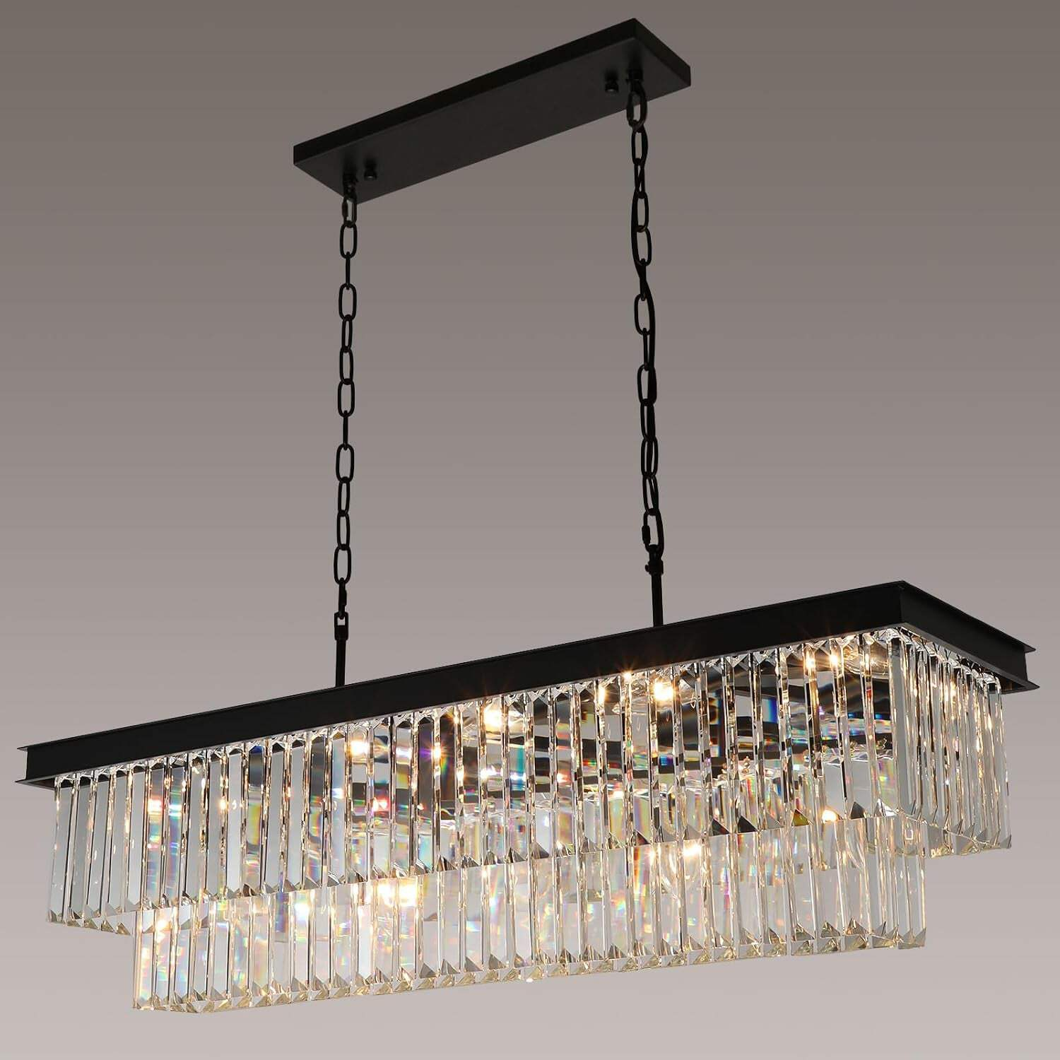Crystal Chandeliers for Dining Room 11-Light Black Modern Chandelier Rectangle Contemporary Pendant Light Fixture for Kitchen Island Bar
