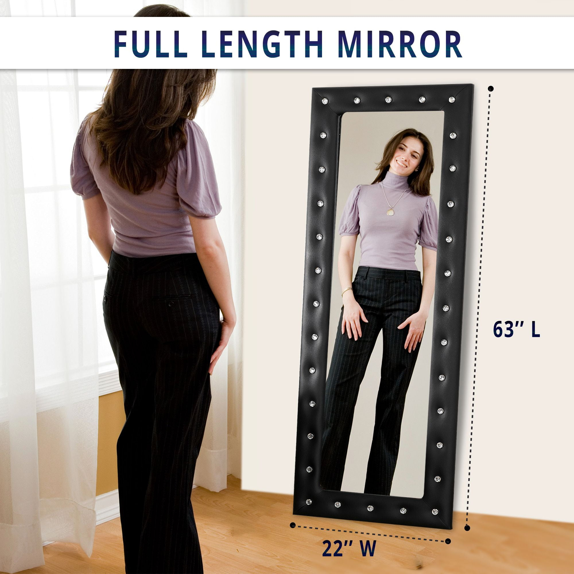 Crystal tufted Full length Mirror, Floor Mirror, Full Body Mirror for Home, Wall Mirror with Faux Wood Frame, 63"LX22"W Large Mirror for Bedroom, Leaner Mirror, Black Mirrors for Wall,