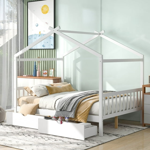 Kumix Platform Bed with Two Drawers, Wooden House Platform Bed Full Size with Headboard and Footboard, Roof Design for Kids Teens Boys and Girls, Noise-Free, No Box Spring Needed, White