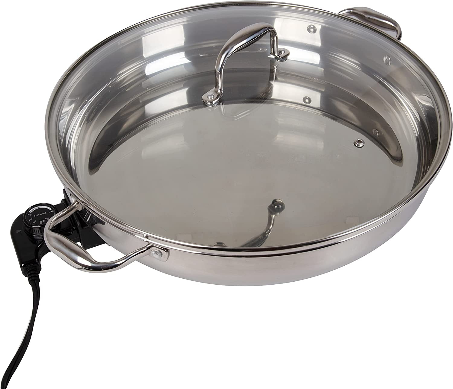 CucinaPro XL Electric 16" Skillet- 18/10 Stainless Steel Frying Pan w Lid and Handle, Round - Includes Recipe Guide- Great Gift for Cooks