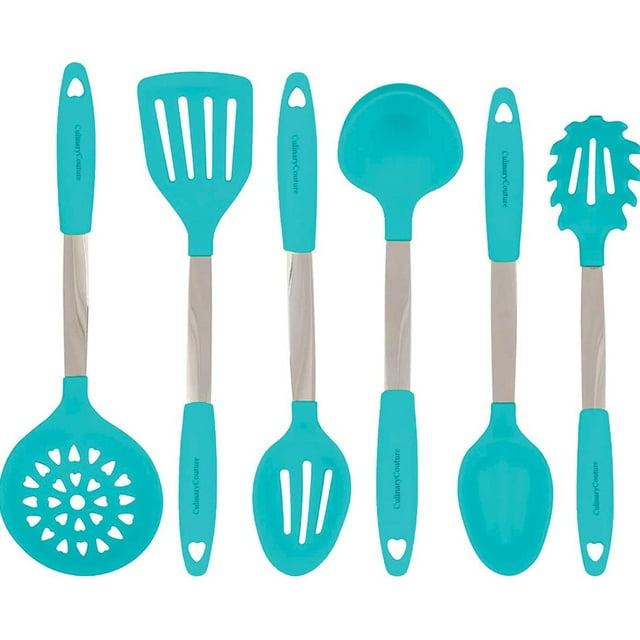 Culinary Couture Kitchen Utensils Set Cooking Essentials Silicone & Stainless Steel Set of 6 Turquoise