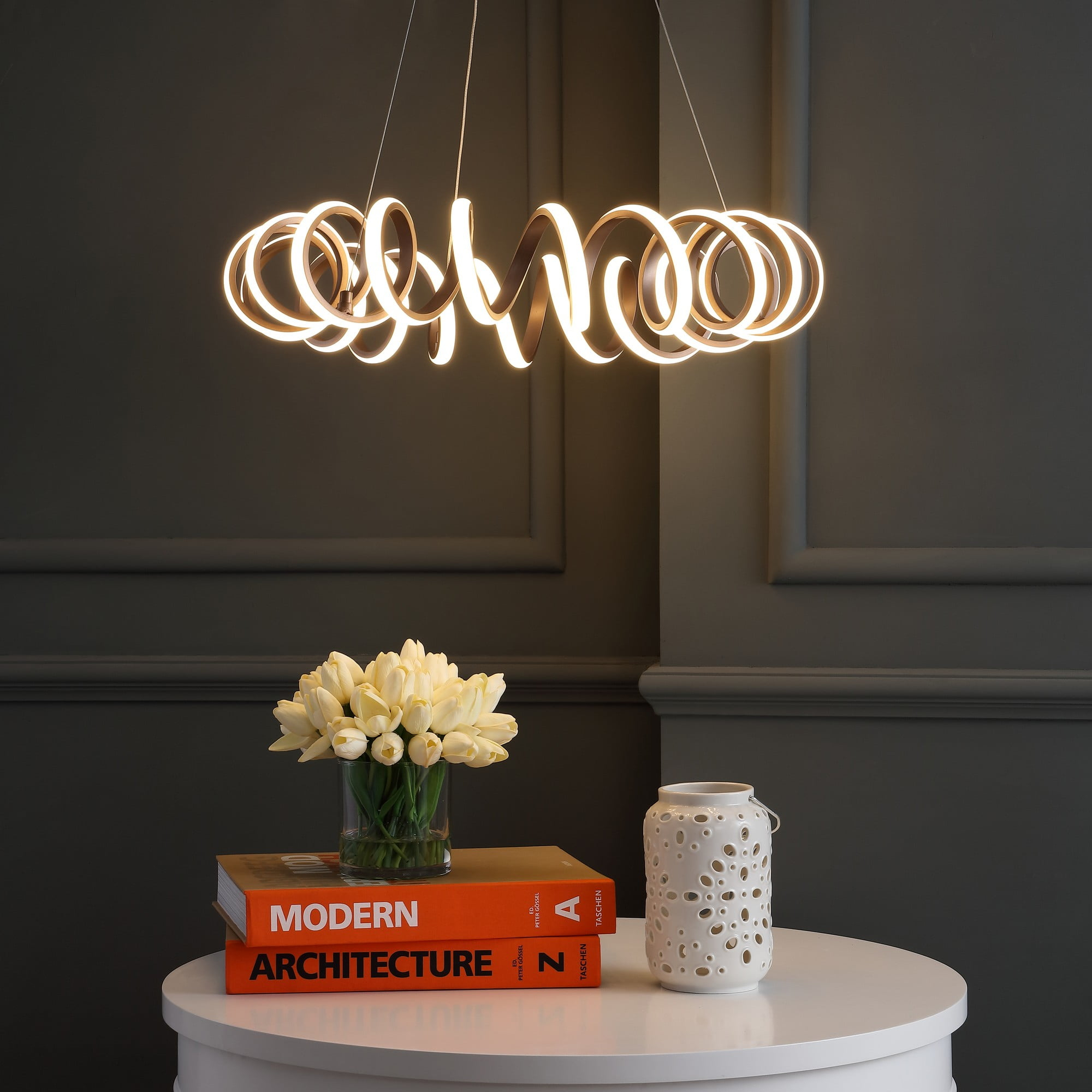Cursive 24" Adjustable Spiral Integrated LED Metal Chandelier Ceiling Light, Coffee