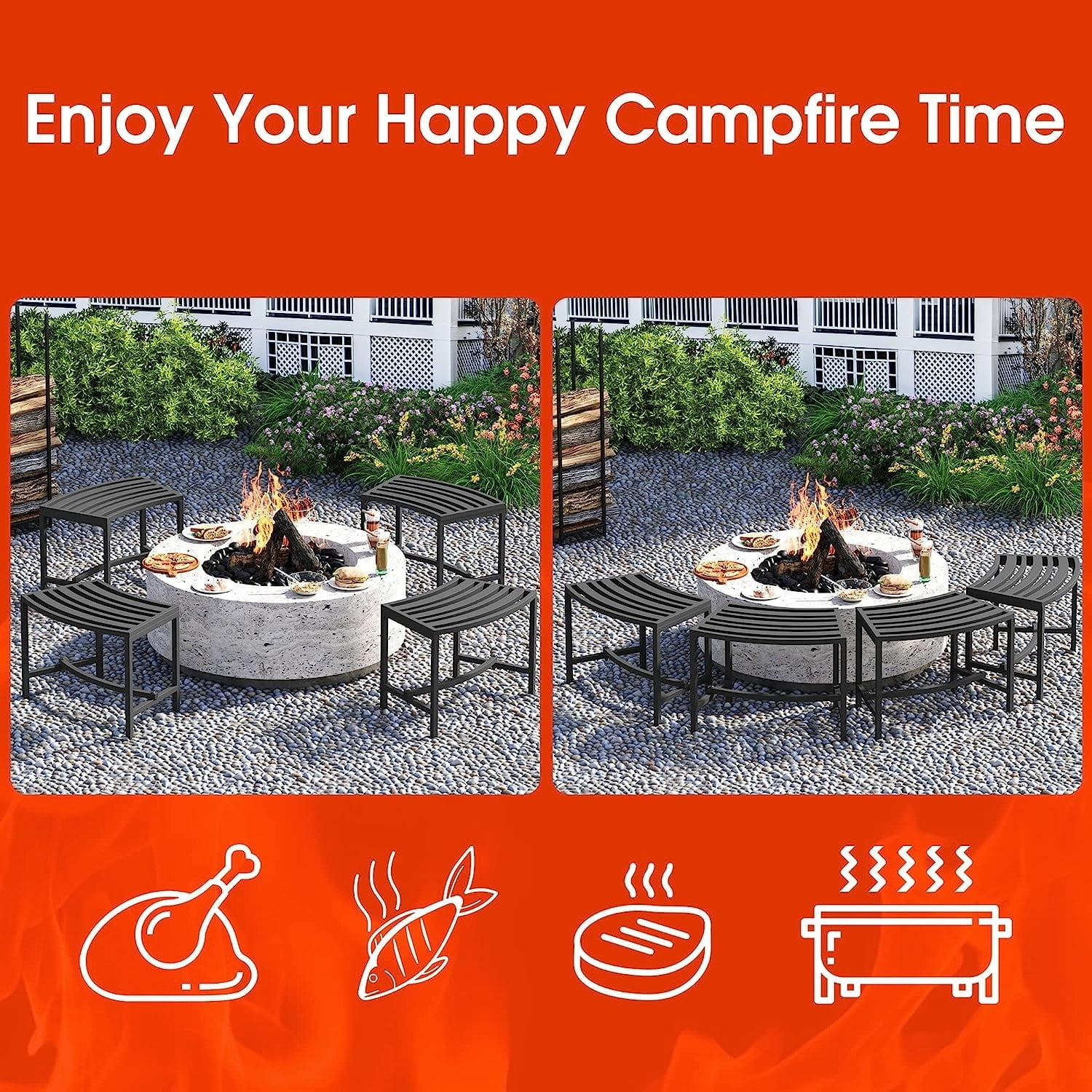 Curved Fire Pit Bench Set of 4,Metal Outside Bench Fire Pit Seating 7IronBars