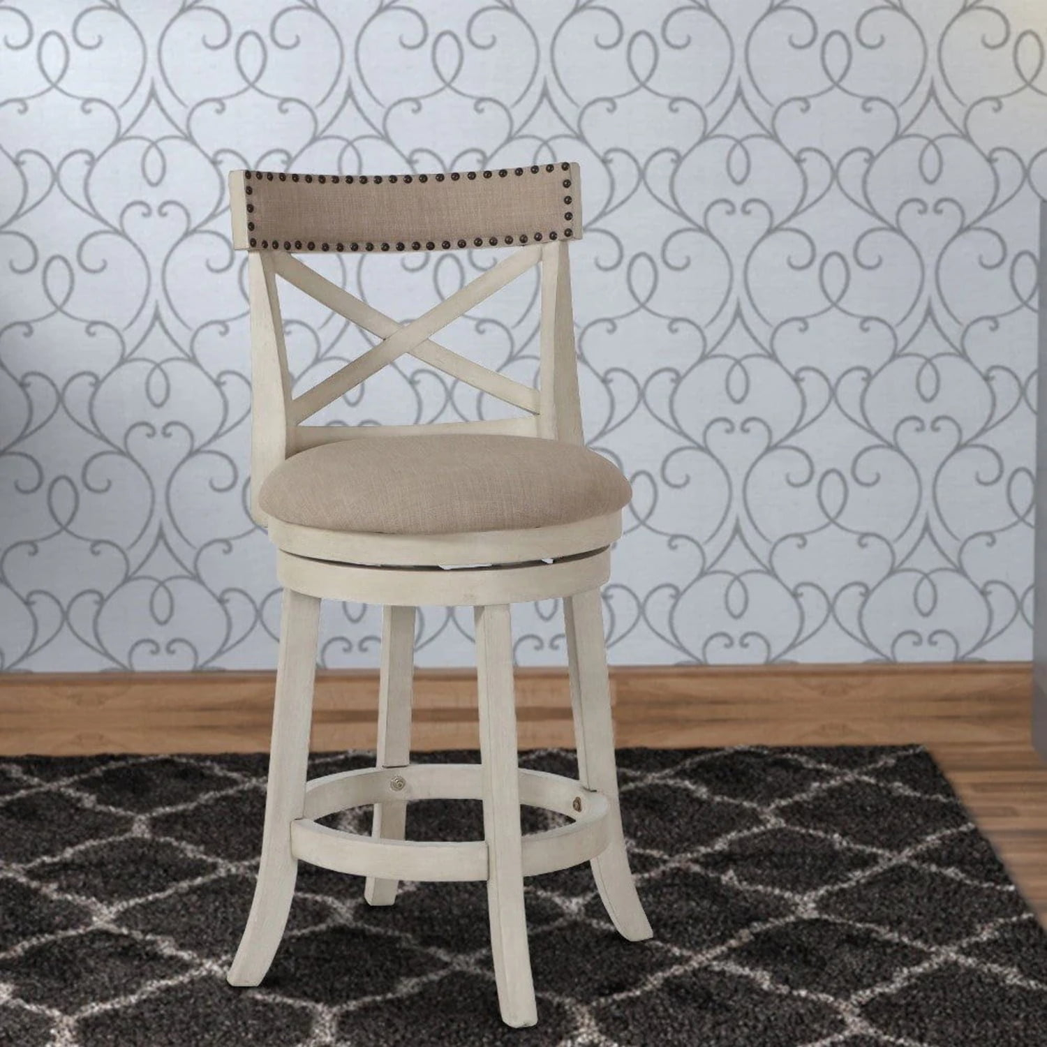 Curved X Shaped Back Swivel Counter Stool with Fabric Padded Seating, Antique White