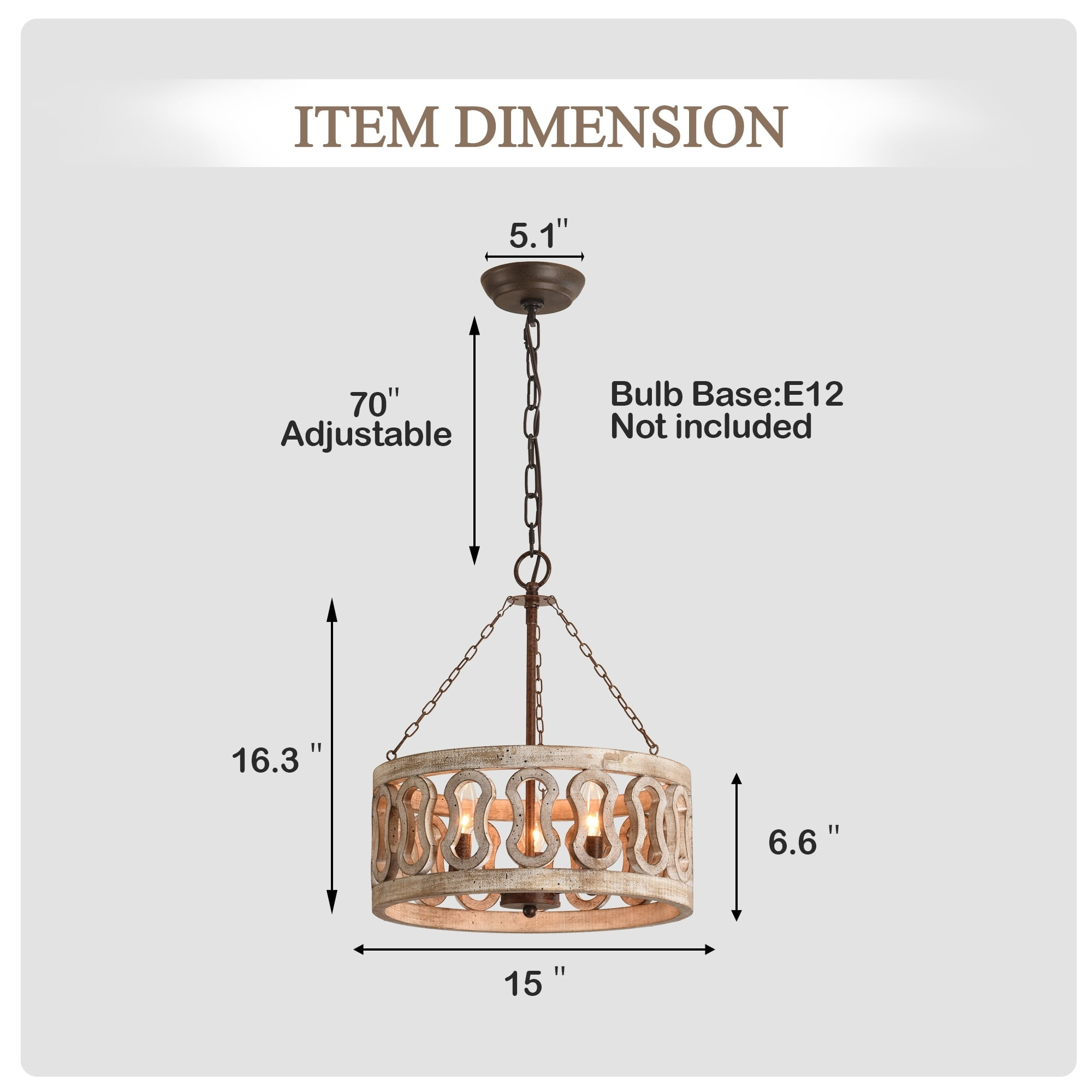 Cusp Barn  3-Light Farmhouse Candle Chandelier Rustic Drum Ceiling Pendant Light for Living Room Weathered Woood