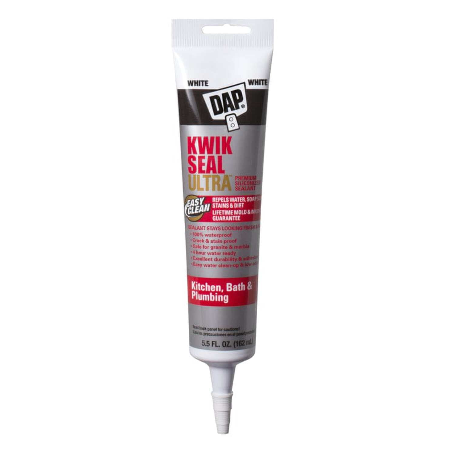 DAP Kwik Seal Ultra Premium Silicone Kitchen and Bath Caulk Sealant, 5.5 oz White
